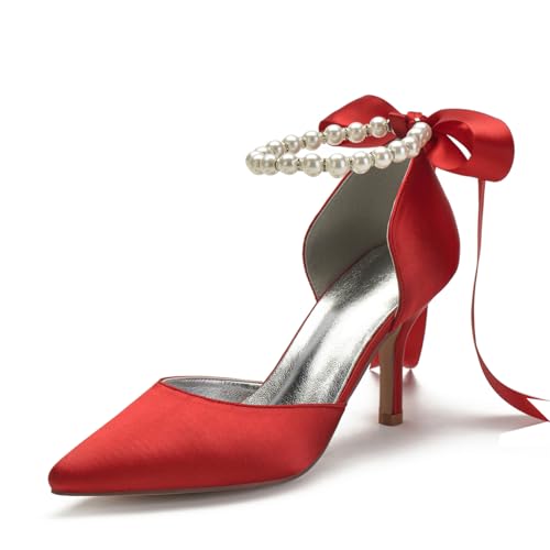 Image of Women's Pearl White Wedding Shoes for Bride High Heels Pointed Toe Bridal Shoes Satin Prom Party Dress Pumps Sandals