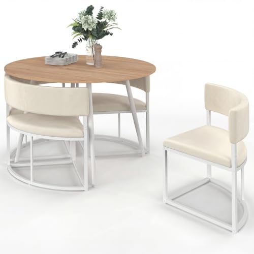 IDMarket - Ensemble Table + 4 chaises encastrables MILENE métal Blanc Plateau façon hêtre et...