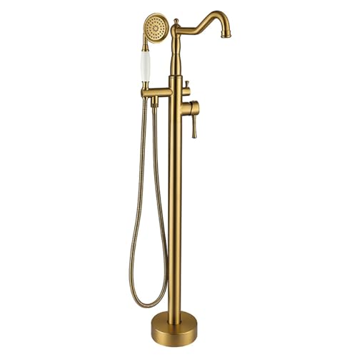 BiaoTeng Grifo de Pie para Bañera Exenta Monomando Frío y Caliente Rotación 360° Grifo de Bañera Exenta Grifo Bañera Suelo Oro Cepillado