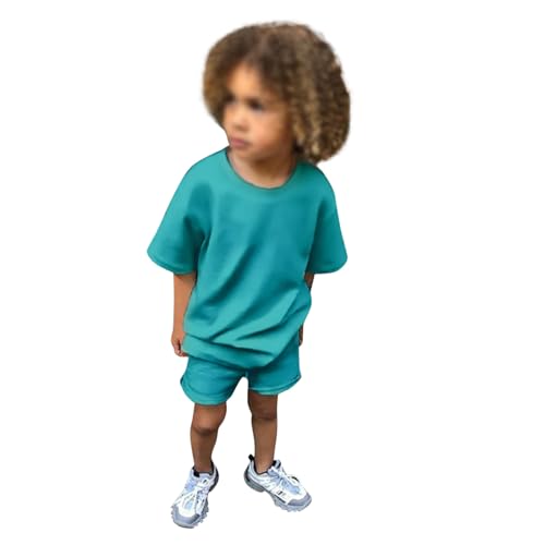 Generisch Conjunto de ropa para niños y niñas, 2 piezas, chándal de verano, sólidos, manga corta, camiseta con pantalones cortos, juego para niños pequeños, 1 año, azul celeste, 10-11 años