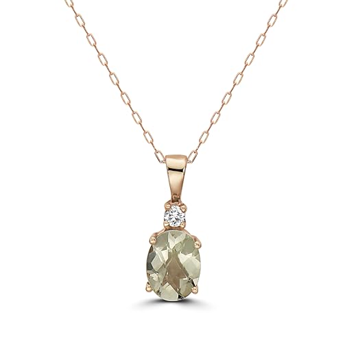 LE VIAN Round Diamond Pendant Necklace for Women with 1 Carat Oval Green Quartz | 14k Rose Gold Pendant for Her Adjustable 18 to 20 Inch Chain Necklace Lobster Claw (White, 0.05 cttw) Classic Design