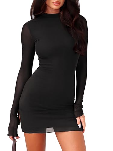 OZICERD Women Long Sleeve Bodycon Mini Dress Mock Neck Sheer Mesh Slit Going Out Dress Fall Rave Club Cocktail Party Dresses Black S