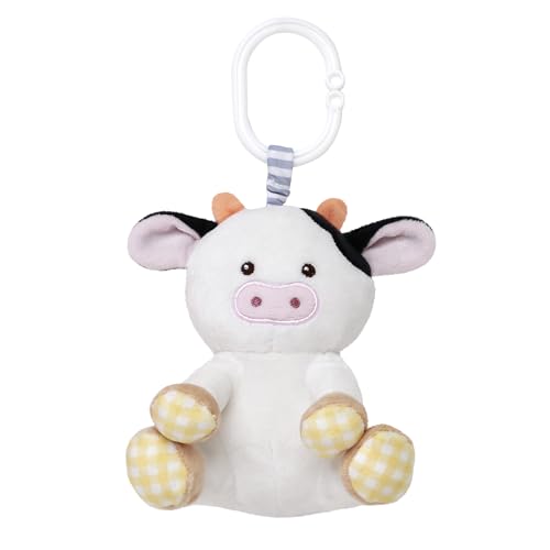 Image of Baby Starters Magic Years Cow Chime Toy with Pull and Jiggle Vibration Feature and Travel Hook, Farm Theme, Black and White, 8 inch with Hook