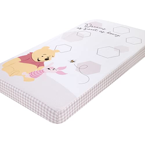 Image of Disney Winnie The Pooh Hugs and Honeycombs Grey and White Dreams as Sweet as Honey with Hexagons and Piglet 100% Cotton Photo Op Fitted Crib Sheet