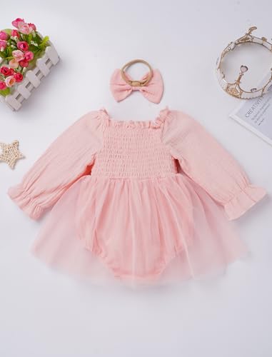 AWIBMK Baby Girl 1st Birthday Outfits Cake Smash Long Sleeve Smocked Butterfly Strawberry Romper Dress Headband Set2