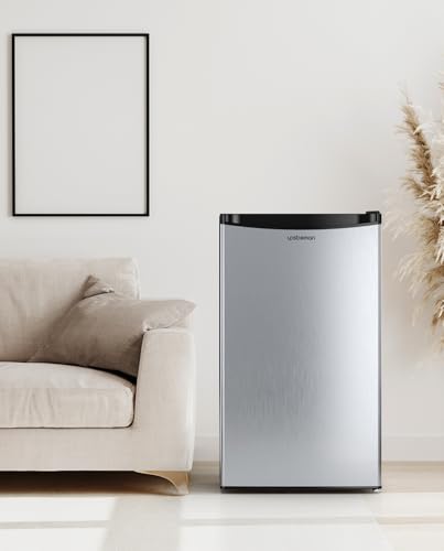 Upstreman Frigorífico con Congelador, Nevera Pequeña 91L Compacta - Mini Frigorífico, Eficiencia Energética E, Silencioso, Ideal para Dormitorio, Oficina o Cocina acero inoxidable-BR321
