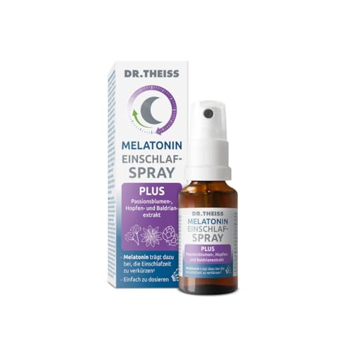 Dr. Theiss Melatonin Einschlaf-Spray Plus – 0,25 mg täglich | 20 ml | Hilfe bei Einschlafproblemen | Passionsblumen-, Hopfen- & Baldrianextrakt | Vegan