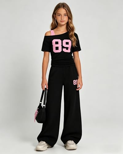 Image of Teen Girls Clothes Off the Shoulder Top and Wide Leg Pants Matching Outfit Set with Pockets Size 7-16