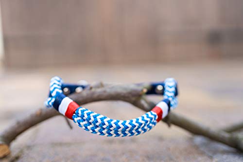 Wau-Effekt Tauhalsband für Hunde - 100% Handarbeit - Halsband - Halsung aus robustem Segeltau mit Biothaneverschluss (M, Blau/Weiß - Blau Weiß Rot)