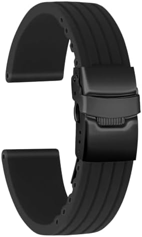 Silicone Watch Strap Replacement Rubber Watch Band Waterproof Stripe Pattern - 14mm, 16mm, 18mm, 20mm, 22mm, 24mm Watch Bracelet with Stainless Steel Deployment Black Buckle