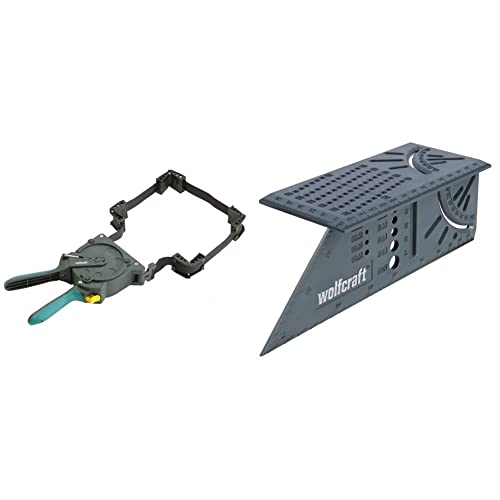 wolfcraft 3681000 Presse à Cadre à Sangle - Sangle de Serrage à Cliquet - Longueur 5 m - Puissance de Serrage max. 50 kg & 5208000 Équerre 3D d'onglet 150 x 275 x 66 mm - Traçage angle de 45° à 90°