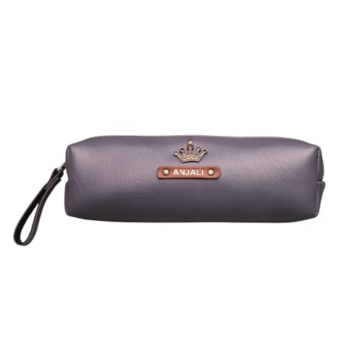 WALLETKART Office Essential Vegan Leather Pouch with Golden Name Print on Leathe Strip | Premium Personlised Organizer for Office, Home & Corporate Gifting (Grey)