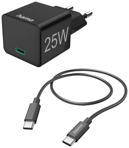 Hama Schnellladegerät, mit USB C Ladekabel (Set, Ladeadapter 25 Watt, USB Schnellladegerät, mit PD 3.0, Quick Charge, Kabel USB C auf USB C, USB C Ladegerät, schnellladen, klein, 1,5m Kabel) schwarz
