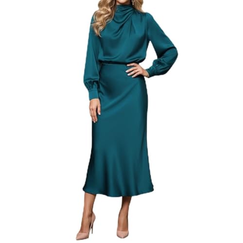 LAOMIT Satin Midi Dress for Women Ruched Turtleneck Long Puff