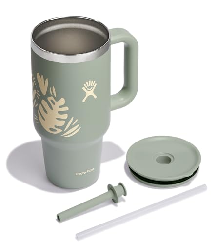 Image of Hydro Flask 32 Oz Travel Tumbler with Handle, Lid and Straw - Insulated Stainless Steel in 32 Oz Botanical Bliss Green