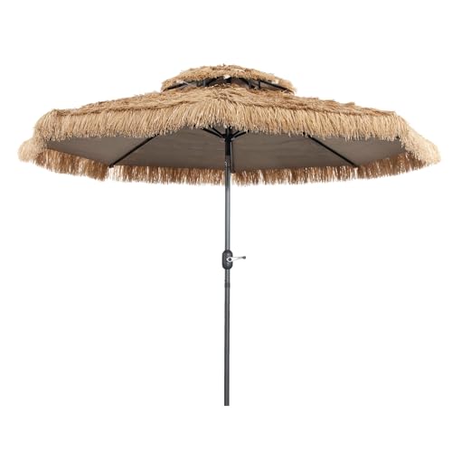 COSTWAY 2.7m/3m Thatched Tiki Parasol, Tilt Adjustment Hawaiian Patio Beach Umbrella with Manual Crank System, Air Vent & 8 Ribs, 2 Tier Tropical Straw Sunshade for Garden Poolside Courtyard(3m)