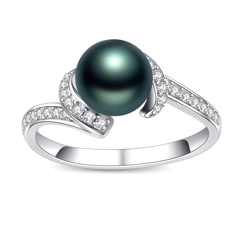 Freshwater Black Pearl Ring for Women Sterling Silver 18K Gold Plated Elegant Pearl Engagement Ring Wedding Jewelry Gifts for Mom Mother