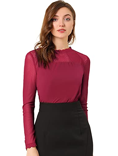 Allegra K Blusa de gasa para mujer, elegante, de malla transparente, de encaje y manga larga, Rojo vino, S