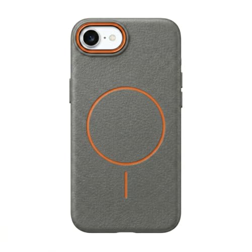 Image of amazon basics Luxury MagSafe Compatible Leather Texture Back Cover for iPhone 17E | Raised Camera Protection | Slim Fit Shockproof Case with Metallic Accents (Gray)