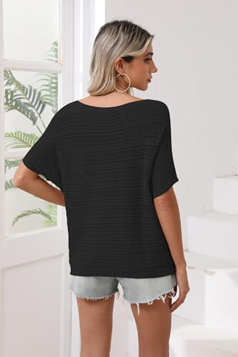 Image of Cakulo Summer Off The Shoulder Tops for Women Crochet Short Sleeve Batwing Knit Spring Oversized Sweater Top