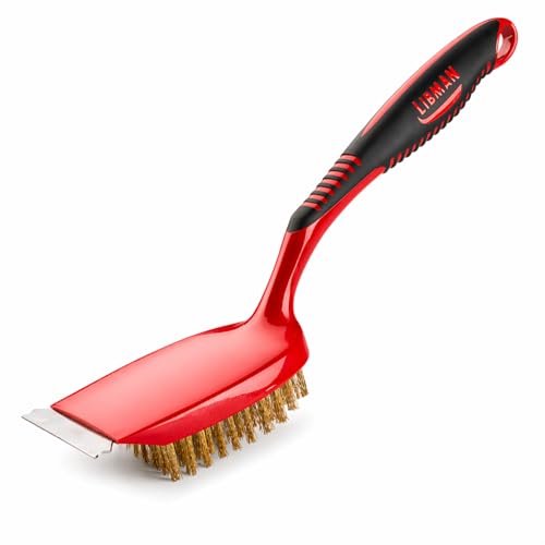 Libman Heat-Resistant Grill Brush with Brass Bristles & Steel Scraper Dual-Mold Comfort Grip Handle BBQ Cleaner for Porcelain Stainless Steel & Cast Iron Grills