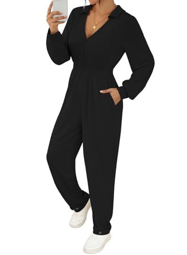 Pink Queen Casual Loose Jumpsuit Rompers for Women V Neck High Waist Long Pants Suit Jogging Outfits Black L