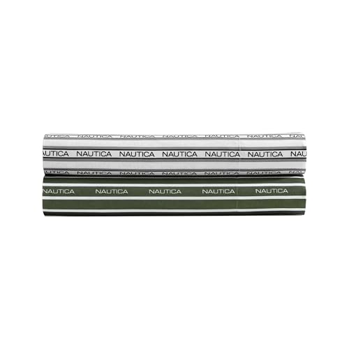 Image of Nautica - Full Sheet Set, Breathable & Cooling Microfiber Bedding with Matching Sham(s), Casual Bedding Set (Striped Nautica Logo Grey, Full)