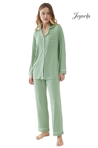 Image of Joyaria Women's Cooling Bamboo Viscose Pajama Set Long Sleeve Button Front | Hot Sleeper Comfort . Cooling Relief . Lightweight Feel for Sleeping & Lounging