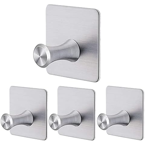 4 Pack Self-Adhesive Hooks, Coat Hooks, Adhesive Door Hooks, Stainless Steel Multi-Function No Drilling Wall Mounted Hanger Waterproof Hooks for Kitchen, Bathroom, Office Closet (Silver) Cover
