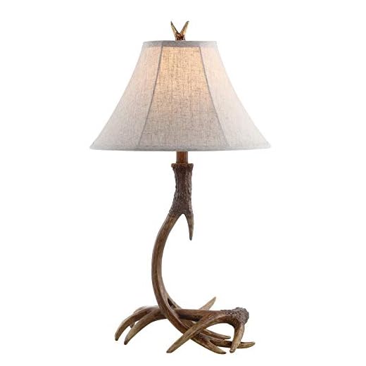 JONATHAN Y 27.5" Brown Antler Rustic Resin Table Lamp for Living Room Bedroom, Light Grey Linen Shade, Farmhouse Lodge Nightstand Lamp, LED Bulb Included JYL6305A