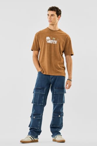 Image of SNITCH Men Cargo Pants | Baggy Fit with Multiple Utility Pockets & Turned-Up Cuffs | Cotton Blend Fabric for Streetwear & Casual Outings