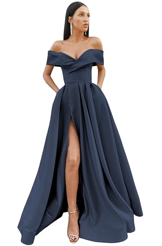 Off The Shoulder Prom Dresses for Women 2025 Satin Formal Dress with Slit Pockets Long Ball Gowns