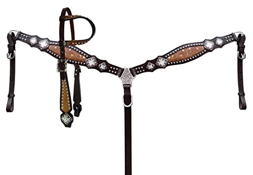 Showman Leather Headstall & Breast llar Set w/whide Inlays & Crystal Rhinestones, Dark Brown, Average Full Size Horse
