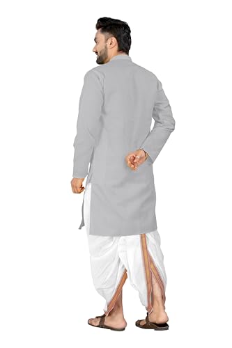 Image of UNIQUE MOMENTS Men's Cotton Dhoti Kurta Set with Full Sleeves Solid Pattern Modern Style and Mandarin Collar Neck | Perfect for Puja & Celebrations