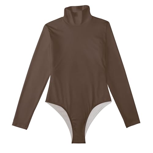 CHIFIGNO Chocolate Brown Bodysuit Shirt for Womens Turtleneck Slim Long