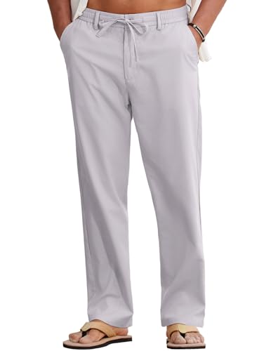 COOFANDY Linen Pants Men Elastic Wasit Summer Beach Trousers Relaxed Fit Casual Cotton Linen Pants for Men Light Grey