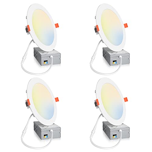 Amico 4 Pack 6 Inch 5Cct Ultra-Thin Led Recessed Ceiling Light With Junction Box, 2700K/3000K/4000K/5000K/6000K Selectable, Dimmable Can Light, 1200Lm High Brightness Downlight,15W Eqv 130W,Etl #TOP27