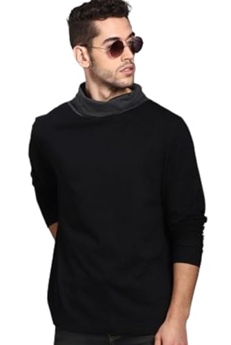 Image of LEOTUDE Regular Fit Full Sleeve Men's Cotton Blend Muffler Neck T-Shirt (Color Black)