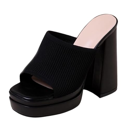 Women's Stretch Knitted Platform Chunky Heels Sexy Sandals Fashion Square Open Toe Block High Heeled Slip-On Y2K Slippers Summer Comfortable Slip On Party Dress Pump Mules Shoes (Black,9)