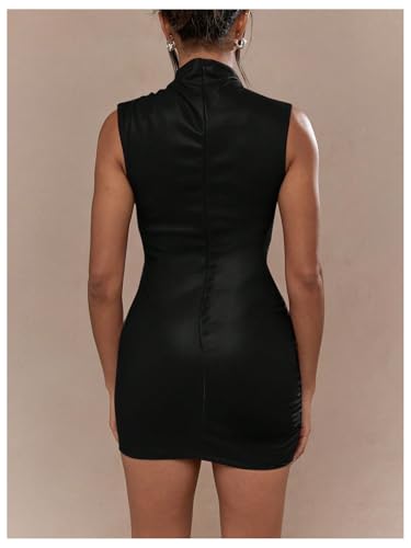 Milumia Women's Ruched Mock Neck Sleeveless Leather Dress Sexy Night Out Mini Dresses2