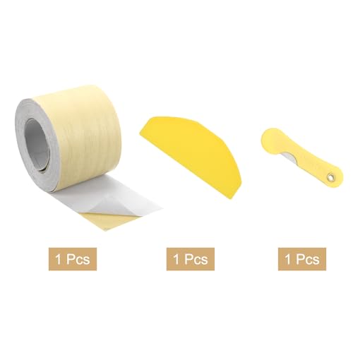 Image of uxcell 1 Roll Wood Grain Tape, 1.97 inch x33 Ft Realistic Textured Repair Tape Self Adhesive Wood Textured Patch with Tool for Floor Wall Door Table Cabinets Furniture Home Decor(Light Yellow)