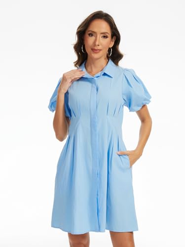 Image of D-Sun Women's Short Puff Sleeve Shirt Dress Button Down Pleated Mini Dress Casual Short Dresses