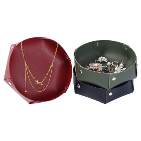 RRBMMH 3 Pcs Leather Valet Tray Organizer Foldable Storage Tray Decorative Jewelry Holder Tray Faux Leather Catchall Tray Table Tray for Travel, Home and Office Cover