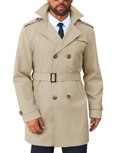 Runcati Men's Trench Coat Double Breasted Notched Lapel Long Jacket Belted Windbreaker Casual Slim Fit Overcoat