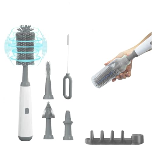 Image of Electric Baby Bottle Brush Cleaner with Extended Handle & Drying Holder, Baby Bottle Brush Set with Silicone Bottle/Nipple/Crevice/Brush,Straw Cleaner,Lifesaver Automatic Bottle Cleaner,Gray