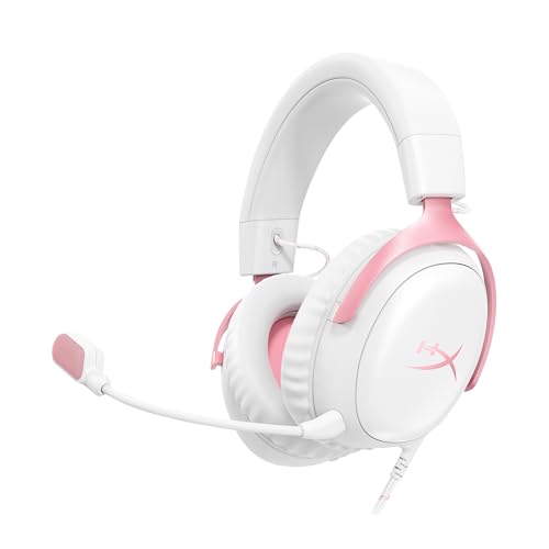 HyperX Audífonos Cloud III – con Cable, PC, PS5, Xbox Series X|S, Memory Foam, Ultra-Clear 10mm Mic, USB-C, USB-A, 3.5mm, Blanco/Rosa