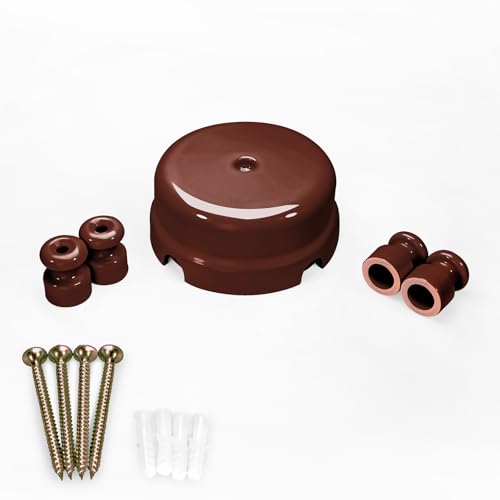 QuirkLz Caja de derivación de porcelana, juego de caja de derivación para instalación con cable textil, con 4 aisladores cerámicos, color marrón brillante, diámetro 78 mm