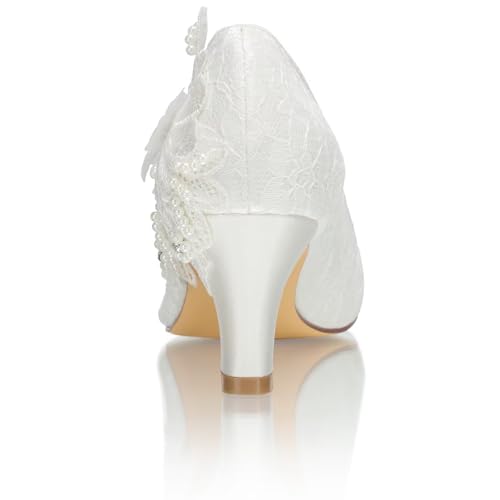 Emily Bridal 1505-1-8 Women's Wedding Shoes Closed Toe 2.56 Inches Chunky Heel Lace Satin Pumps with Rhinestone Lace Flower Bridal Shoes4