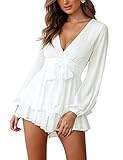 SPRIME Women's Casual Short Rompers V Neck Baggy Sleeve Waist Tie Jumpsuit Double Layer Ruffle Hem S