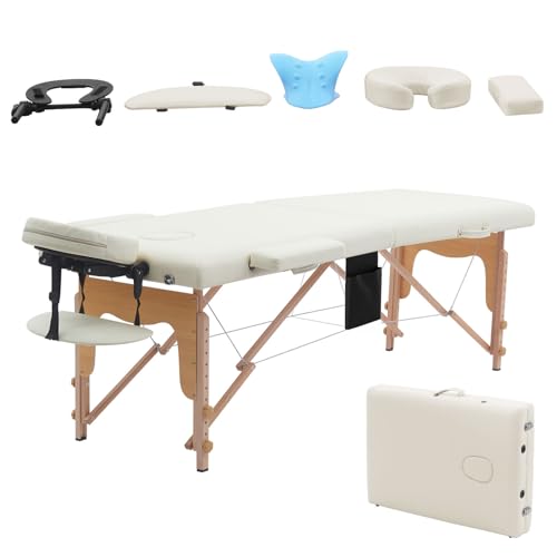 VIRRMO Massage Table Portable with Neck Stretcher, 84 inch Massage Bed Adjustable Lash Bed Tattoo Table for Eyelash Extensions Tattoo Therapist Beauty(Table Only，Ivory)